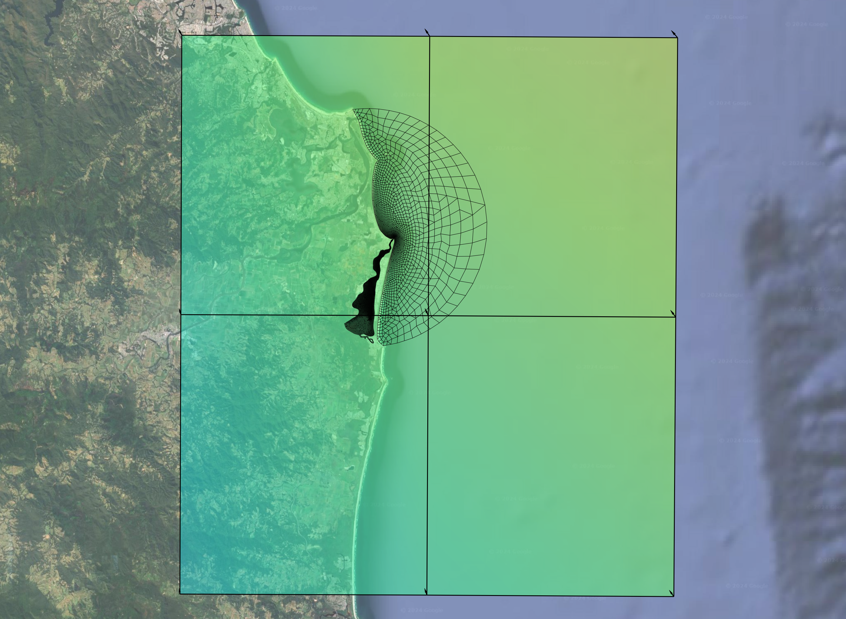 CFSR Wind Speed Grid Overlaid On TUFLOW FV Unstructured Mesh